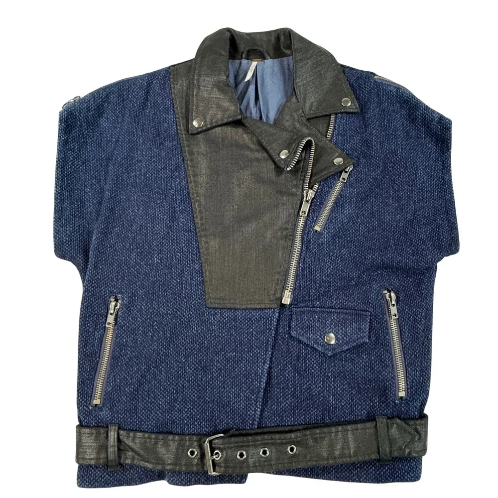 Free People Pieced-Together Jacket‎ Asymmetrical Zip Belted Women's M Boho